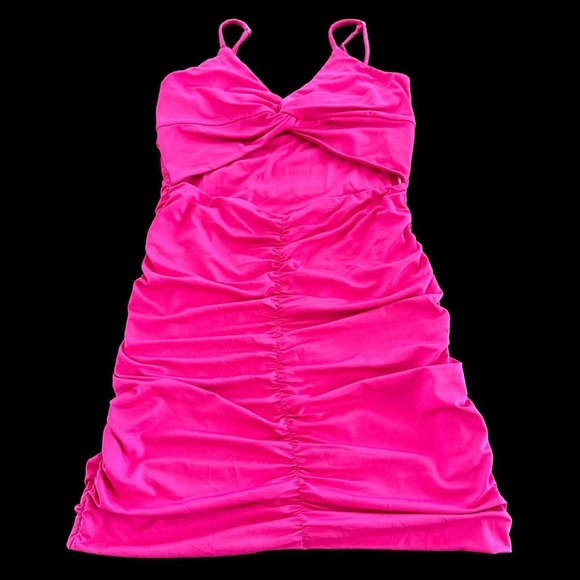 NWOT Thatssofetch US 6 Tamara Pink Cut Out Mini Dress Barbie Ruched Twist New - Picture 2 of 8